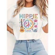 Women's 60s 70s Hippie Style T-Shirt - White Short Sleeve Round Neck Retro 60s/70s Hippie Outfit wit