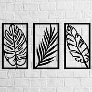 Set of 3 Leaf Metal Wall Art Tropical Leaves Wall Decor Decorative Wall Art Large Black Leafs Black 