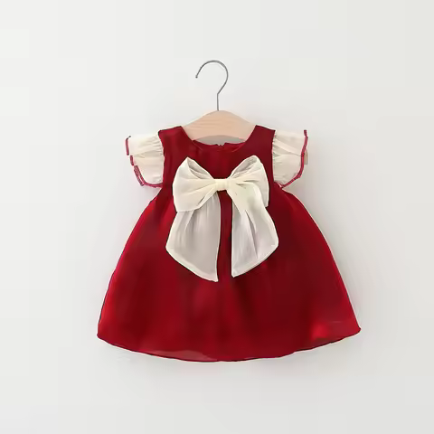 New Year's Dress Girl's Summer Dress Solid Red Flying Sleeves Bow Twilight Cloud Princess Dress Suit