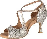 Women's Dance Shoes R545 GT8-147 - Leather/GlitterLux Platinum - normal width - 6 cm 60R Flare Heel 