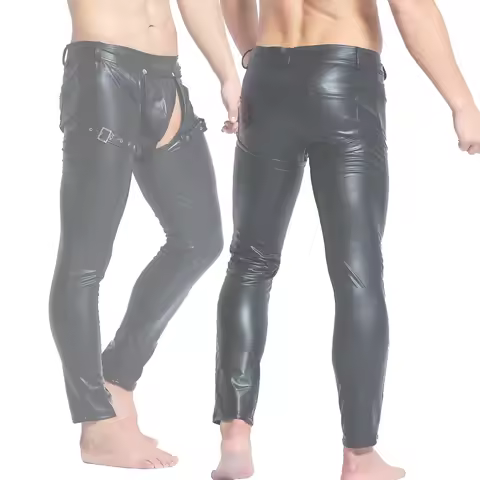 Men's Stretchy PU Leather Long Pants Crothless Fetish Gay Straight Trousers Nightclub Pole Dance Got