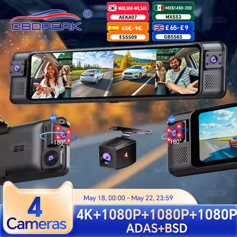OBDPEAK 4CH 11 Inch 4K+1K+1K+1K Rearview Mirror Dash Cam With ADAS BSD WiFi Night Vision 24H Parking