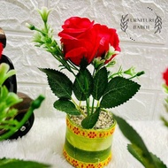 Furniture rangkaian bunga mawar merah satu tanda cinta set pot goni lucu dan unik  bunga hias artifisial  bunga plastik
