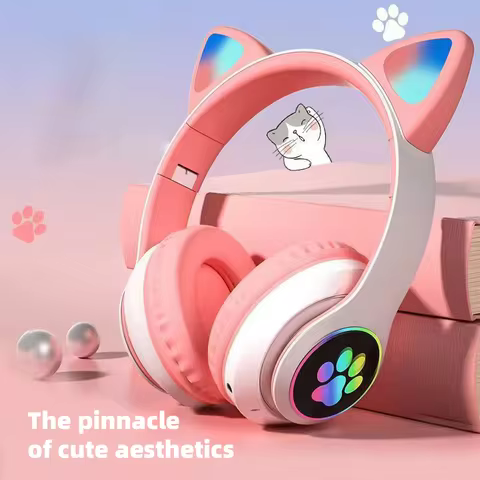P47M Wireless Headphone Flash Light Cute Cat Bluetooth with Mic Control LED Stereo Music Helmet Phon