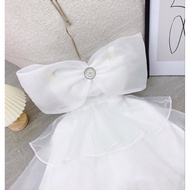 Váy công chúa tay nơ trễ vai xoè 3 tầng chất voan tơ màu trắng đầm babydoll nữ đi chơi dự tiệc đám c