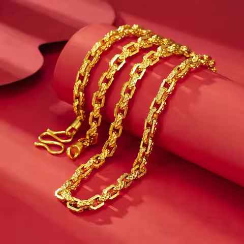 Luxurious and domineering 24K real gold men's square interlocking necklace au9999 gold design Chopin
