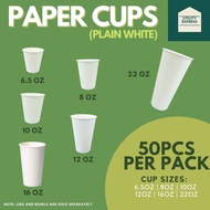 Paper Cup Plain White / Party Cups [50pcs] 6.5oz/8oz/10oz/12oz/16oz/22oz Disposable (No Lid)