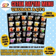 cetak daftar menu usaha jualan camilan/ minuman/ rumah makan/ cafe lengkap free desain dan revisi