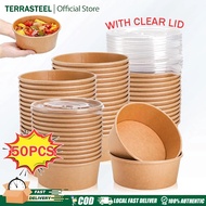 50pcs Eco Kraft Paper Salad Bowl with Lid(500ml/750ml/1000ml/1300ml)Round Disposable Paper Bowl
