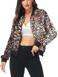 Anna-Kaci Womens Sequin Jacket Bomber Coat 1989 Slitter Outfit For Concert Party, Blue, Large