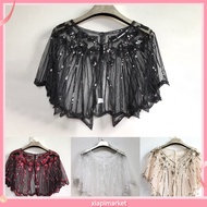 XIA| Women Cape Crochet Lace All-match Mesh Summer Beaded Sequin Shrug Flapper Dress Shawl for Party