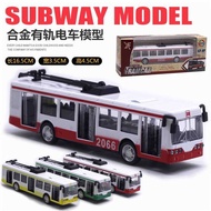 Nostalgic 1: 90 City Railless Tram Bus Bus Three-Open Door Sound Light Open Door Pull Back Alloy Car