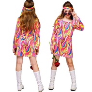 lily'sshop 2Pcs 60s 70s Outfit for Girls Kids Hippie Costume Bell Sleeve Print Disco Dress with Headband Halloween Cosplay Dancing Dress