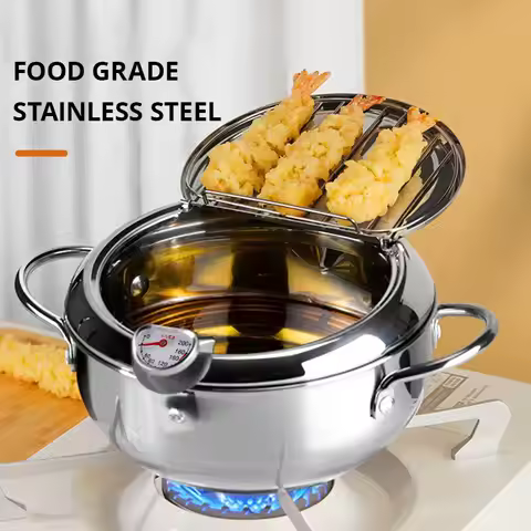 1pc Stainless Steel Oil Pan Household Thermometer With Cover Tempura Oil Fryer Small Oil Saving Fren