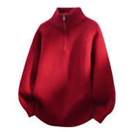 sweater turtleneck zipper half zipper sweater Half Turtleneck Red Sweater Men Autumn Winter Thickene