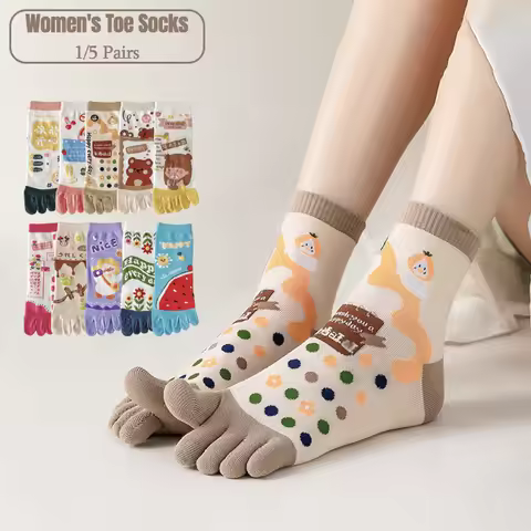 1/5 Pairs Cute Five Finger Socks Cartoon Women Toe Socks with Separate Fingers Cotton Mid Tube 5 Fin