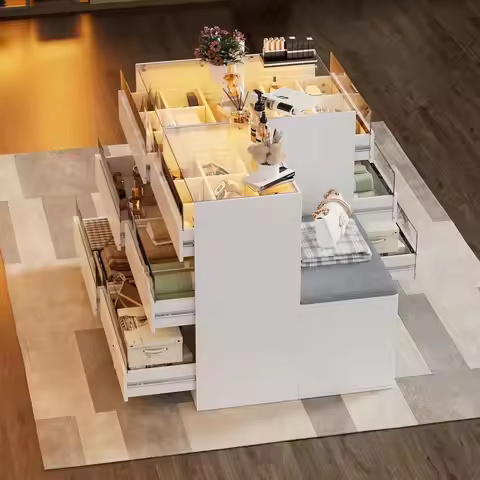 Armoire Wardrobe Closet with 9 Drawers, LED Lighting, Glass Top, Bedroom Storage Island, Cushioned B