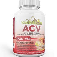 Vicksson Apple Cider Vinegar 120 Capsules 1700 mg of ACV with Garlic, Ginger, Lemon &amp; Honey for Weight, Detox, Cleanse, Appetite, Blood Sugar, Bloating, Metabolism &amp; Immune Support