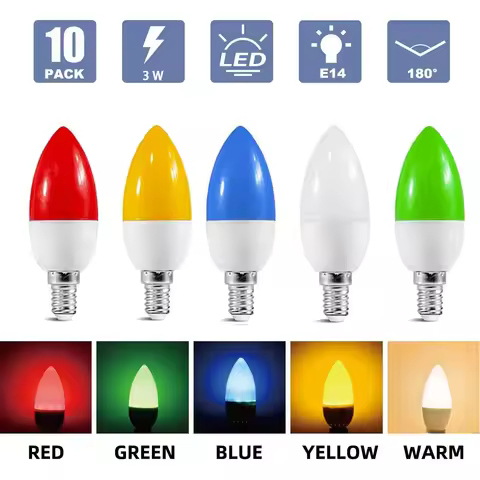 10pcs Colorful LED Bulb E14 3W RGB Led Bulb C35 Led candle Light 5 Color AC 220V Flashlight Globe Bu