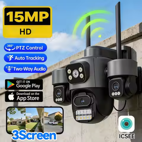 15MP Triple Lens & Triple Screen WiFi IP Camera, Auto Tracking Security Cam with IP66 Waterproof, iC