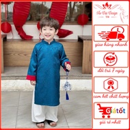 Mid-Autumn boys' ao dai, CNY 2026, soft brocade fabric with sleeves - blue - Thu Ha Silk - TH25.824