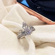 【現貨】韓版高質感銀色二合一 水鑽 鋯石 皇冠 造型 戒指 兩件套 兩件組