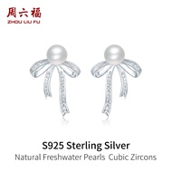 ZHOU LIU FU 周六福 S925 Sterling Silver Pearl Bow Studs Earrings for Women X0915231