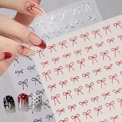 3D Lovely Gold Silver White Line Bowknot Nail Art Stickers Self Adhesive Ribbon Cute DIY Design Mani