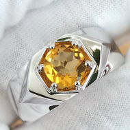 Natural Yellow Citrine Men Ring 925 Silver 7.5mm Lucky Gemstone 6-prong November Birthstone Birthday