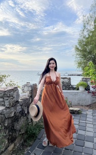 CKB025ชุดเดรสยาวผูกคอผูกหลังผ้าไหมอิตาลี