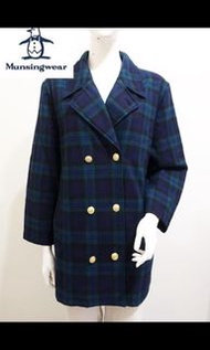 經典格紋羊毛日本品牌【MUNSINGWEAR 企鵝】真品 深藍&amp;藍格紋 雙排釦 90%羊毛 鋪棉大衣外套
