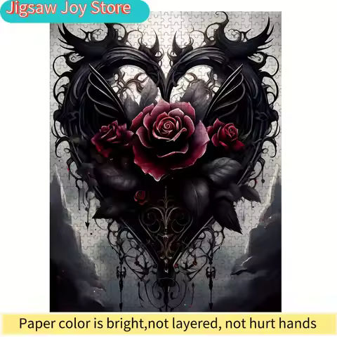 1000pcs Gothic Rose Heart Jigsaw Puzzle - 48.9x67.95 cm Intermediate Challenge Wooden Brain Teaser w