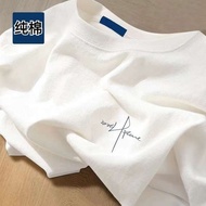 lovito official store off shoulder top 100 Cotton Short-sleeved T-shirt White Summer Unisex Relaxed-