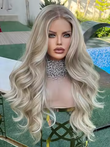 LUX VOGUE Highlight Vanilla Cream Blonde Balayage Color 100% Human Hair Wigs Beachy Waves Parting Fl