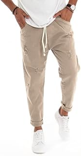 Mens Plain Broken Elastic Drawstring Jeans, beige, X-Large