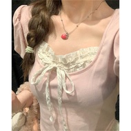 2024 New Korean Women's Square Neck Ballet Style Pink Lace Butterfly Lace Short Sleeve T-shirt Top