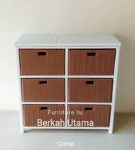 (( Cod )) Lemari laci / rak laci penyimpanan serbaguna rotan sintetis isi 6 kotak laci susun atas de