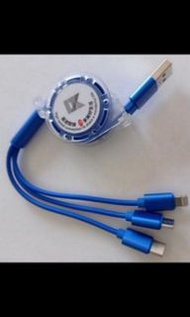 💫  優質 天藍色 3合1 快速 叉電線 數據傳輸線 Type C / Lightning / Micro USB 插頭 Fast Data Charging Cable  伸縮 拉直 長約100cm 全新  未用過