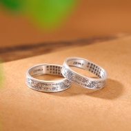 S999.9 Pure Silver Vintage Distressed Tang Grass Pattern Peace Joy Ring New Chinese Style Open Ring 