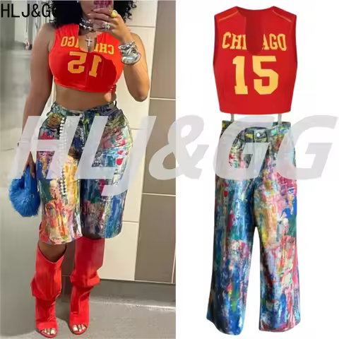 HLJ&GG Summer New Oil Painting Wide Leg Denim Pants Two Piece Sets Women Round Neck Sleeveless Slim 