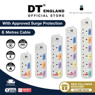 DT England 6M Extension Socket Cord With 2 USB , Approved Surge Protection  ( 6 Metre )