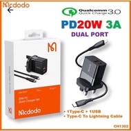 Mcdodo CH-1302 20W PD Fast Charger 20W PD Quick Charger Set 2-Port Fast Charging Original UK Plug CH