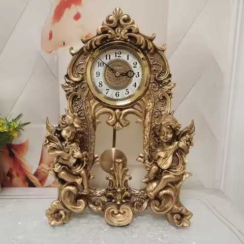 Vintage Table Clock Pendulum Clocks Golden Statue Musical Theme Living-room Decoration Quarts Needle