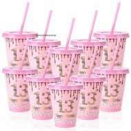 [ARTYY] 10 Pcs 13th Birthday Gifts Pink Plastic Cup Bulk 16 Oz Cheers To 13 Years Reusable Rose Gold
