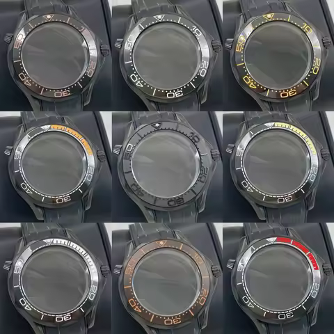 41mm 2Crown Black Rubber Bracelet Watch Bezel Case Fit 31mm Dial For Omega Seamaster Seiko NH35/36/4