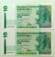 渣打銀行1995年10元（短棍鯉魚）兩張連UNC, 紙邊有微黃（CM439252-53）