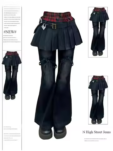 Y2k Slim Flared Pleated Skirt Jeans Women's Fake Two Pieces Autumn Winter Vintage Denim Pants Dark A