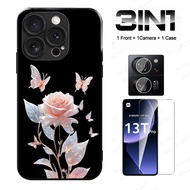 3 in1 Pink Rose Case For Oppo Reno 10 10pro 9 9pro1111f 11pro 12 12pro12f Anti-knock Tempered Class 