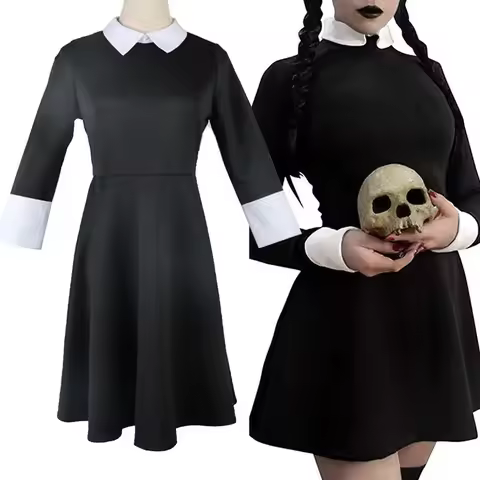 Adult Wednesday Addams Family Cosplay Costume for Women Role Playing Addams Vintage Black Gothic Dre