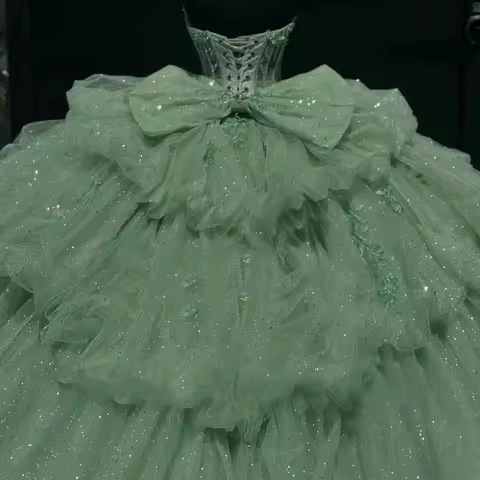 Sophie Store Customized Princess Green Quinceanera Dresses Gown Bow Bead Crystals Tiered 15th Birthd